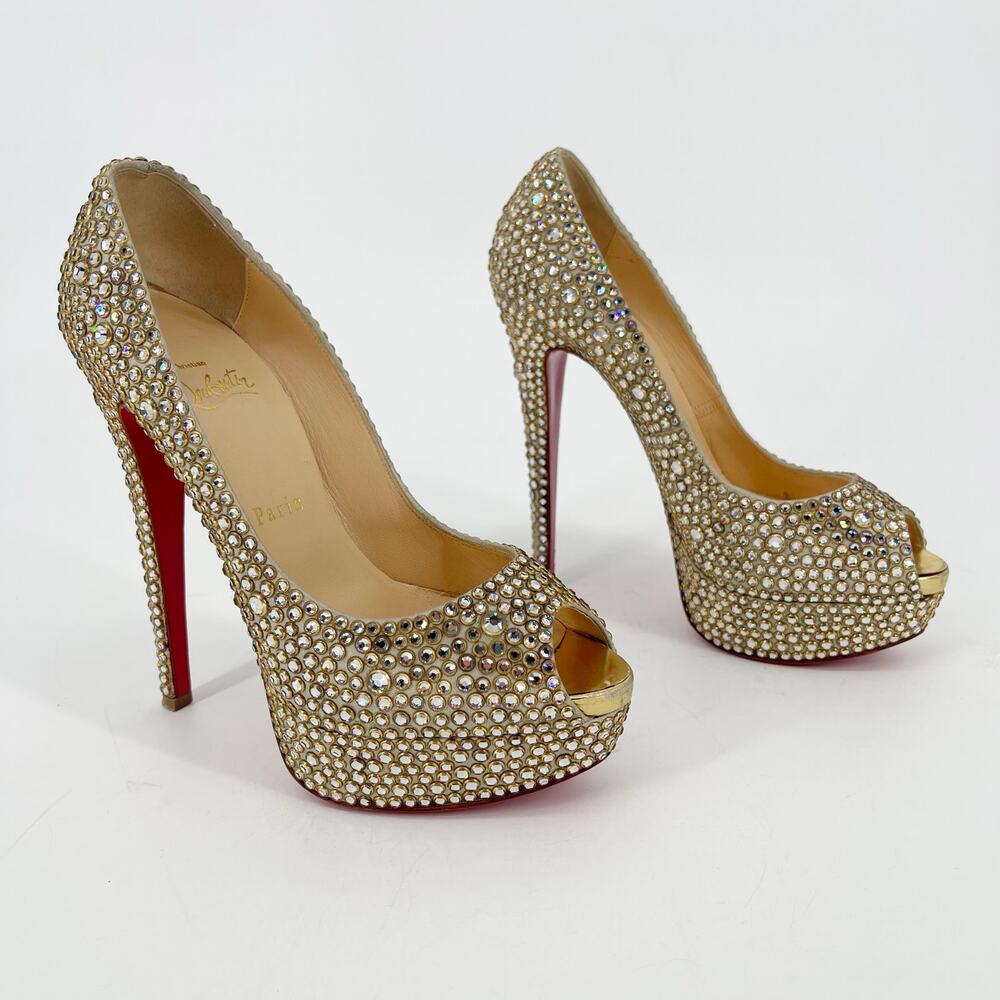 Christian Louboutin Gold Lady Peep 150 Ring Strass Platform Peep Toe Heels EU 37 - Picture 3 of 12